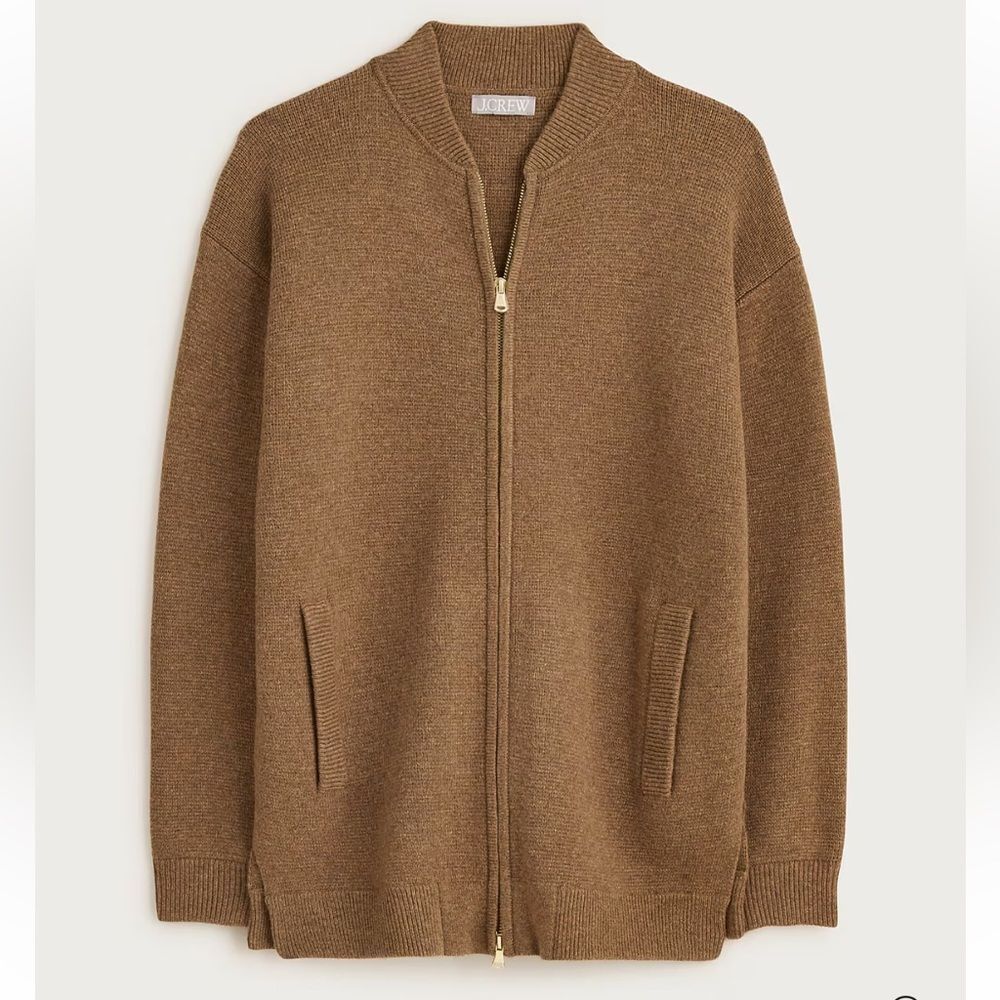 J. Crew Full Zip Flight Sweater Jacket Lambswool Blend Tan Size Medium Preppy